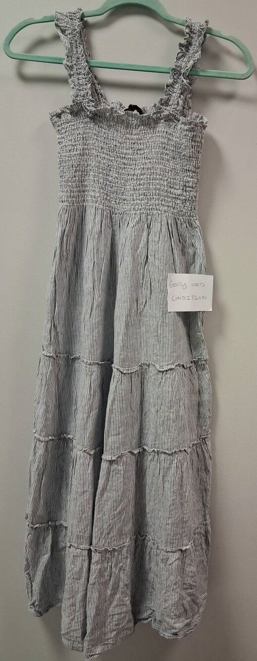 Quince women small smocked midi dress euro linen gray stripe square neck tiered